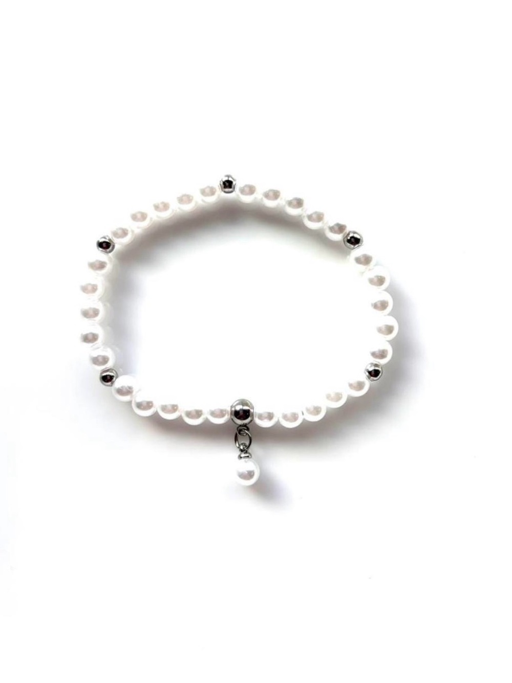 White Pearl Beaded Bracelet with Silver Accents